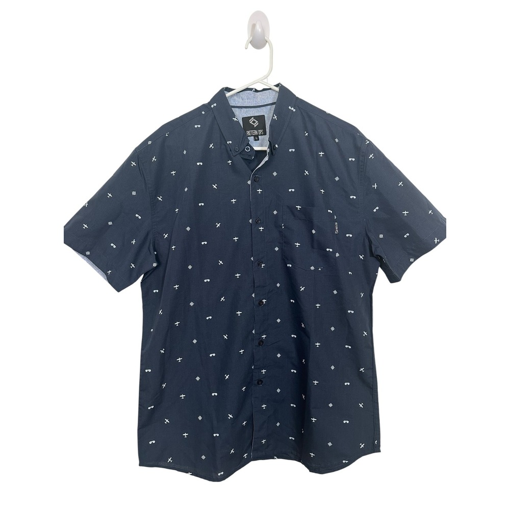 Pattern Ops Mens XL Navy Blue Airplane Aviation Print Short Sleeve Button Down